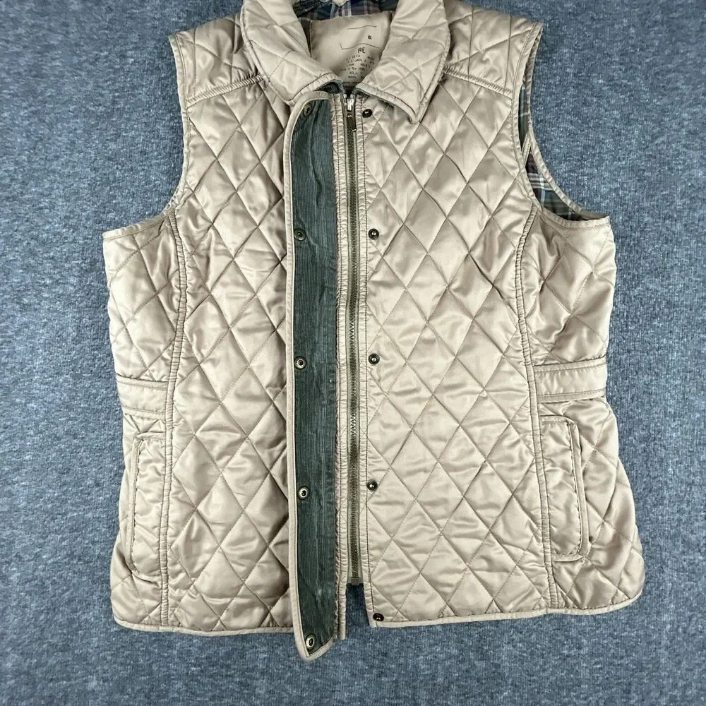 LL BEAN Quilted Barn Vest Women's Size M Beige Full Zip Insulated Plaid Lined - Picture 8 of 11